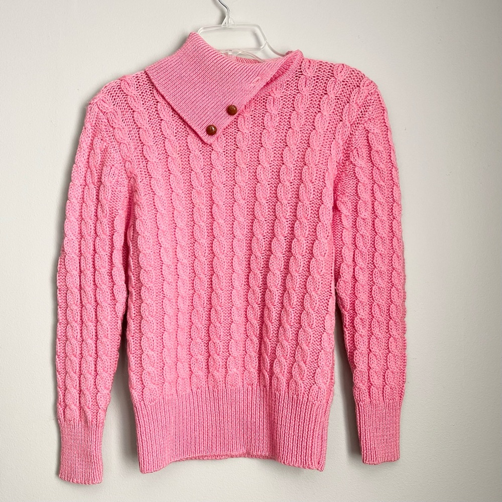 VTG Pink Cable Knit Sweater – Button Collar, Wool, Baricore, Size 38 (Fits S/M)